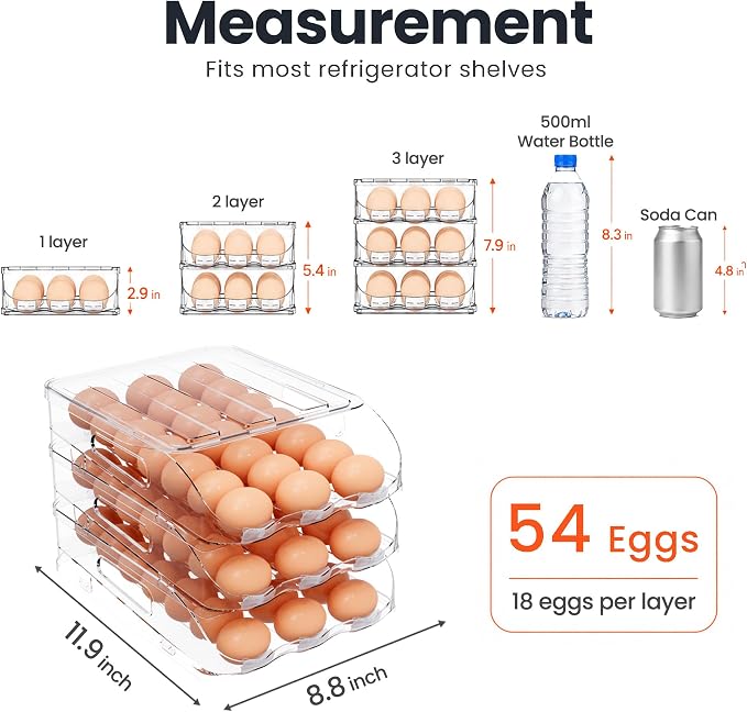 SMRCAD 54-Egg Dispenser with Silicone Bumpers, Auto-Rolling, Stackable | BPA-free food-grade PET | Stackable with lid | Built-in handle | 11.92"L x 8.85"W x 7.9"H | Hand wash only - Image 7