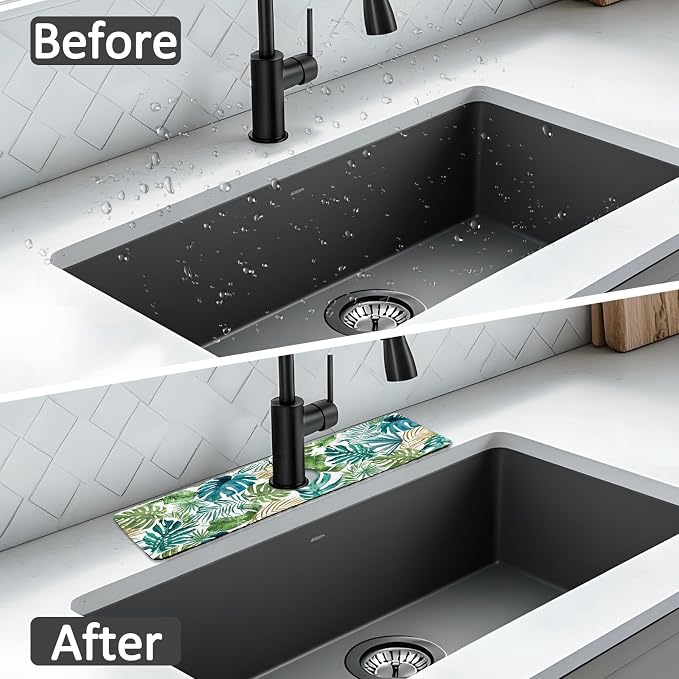 2PCS 15" X 5.5" Kitchen Sink Splash Guard Faucet Mat Leaf Super Absorbent Fast Drying Faucet Guard & Draining Mat Sink Splash Guard Behind Faucet for Kitchen, Bathroom - Image 7