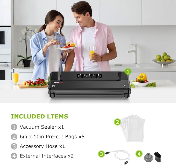 Bonsenkitchen Vacuum Sealer Machine With 5 Vacuum Bags,Black | Compact Food Sealer for Sous-Vide & Meal Prep,Multiple Modes,External Vacuum System,6x Longer Freshness - Image 3