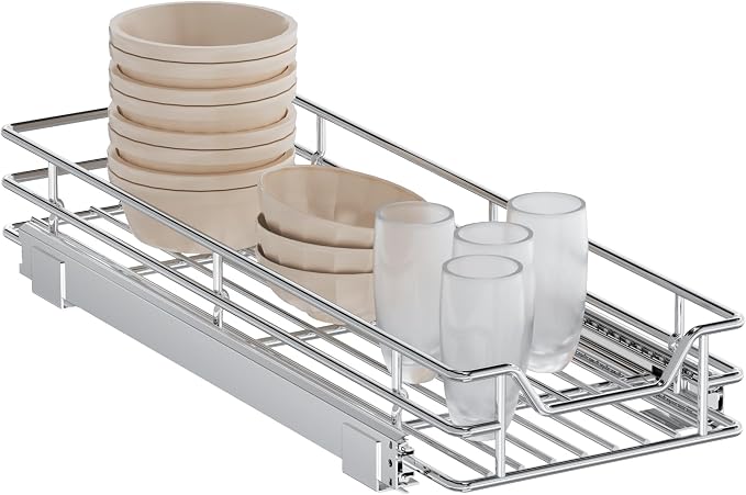 Pull Out Cabinet Organizer, 10.5" W x 18" D, Heavy Duty Chrome Slide Out Shelf for Narrow Base Cabinets, Sliding Wire Basket Drawer for Spices, Bottles, Snacks & Cleaning Supplies by Unknown