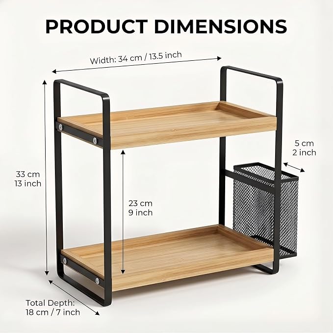 2-Tier Wood Bathroom Counter Organizer with Basket,Waterproof Vanity Perfume Skincare Storage for Bathroom, Kitchen, Dresser - Image 2
