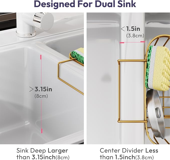 SWTYMIKI Sponge Holder for Kitchen Sink - Movable Kitchen Sink Caddy with M Shape Hook, Stainless Steel Hanging Sponge Caddy for Dish Sponge, Brush, Stopper Organizer in Double Sink, Gold - Image 2