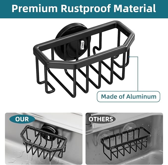 TAILI Sink Caddy with Strong Suction Cup, Sponge Holder for Sink-Black | for Kitchen Sink Organizer, Removable Sponge Caddy Inside Sink, Rustproof Aluminum Holder for Sponges, Brushes, Scrubber - Image 5