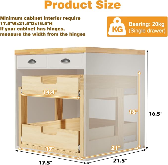 Pull Out Cabinet Organizer, 17''W×21''D Sliding Drawers for Cabinets, 2 Tier Soft Close Slide Out Wooden Pull out Drawers, Base Cabinet Organization for Kitchen, Pantry, Bathroom - Image 3