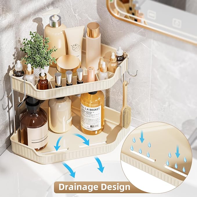 VITVITI 2 Tier Corner Bathroom Counter Organizer, Bathroom Countertop Organizer Storage for Sink, Plastic Makeup Organizer for Vanity Countertop Kitchen with Hooks, Clear, Cream White - Image 3