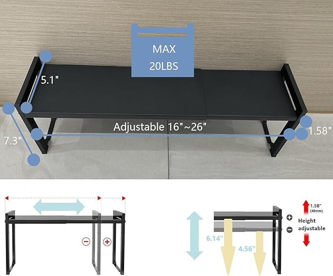 2 Pack Expandable Cabinet Shelf Organizer 16-26" L Stackable Kitchen Counter Shelves Rack Stand Sink Riser Countertop Storage Black (Narrow 5.1”D) - Image 2