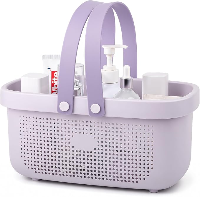 Portable Shower Caddy Basket with Handles Plastic Storage Basket ‌Purple | Sturdy Drainage Large Capacity Organizer Basket with Silicone Handles for Bathroom Kitchen Bedroom College Dorm Essentials by JiatuA