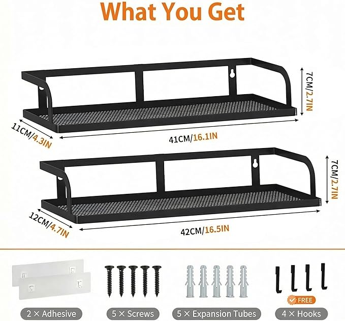 PUSDON 2-Pack 16.5" Extra Long Slim Hollowout Shower Caddy, Wall Mount Spice Rack & Bathroom Organizer, Mesh Bottom Cabinet Door Shelf Holds 50LBS - Matte Black, Hollowout - Image 3