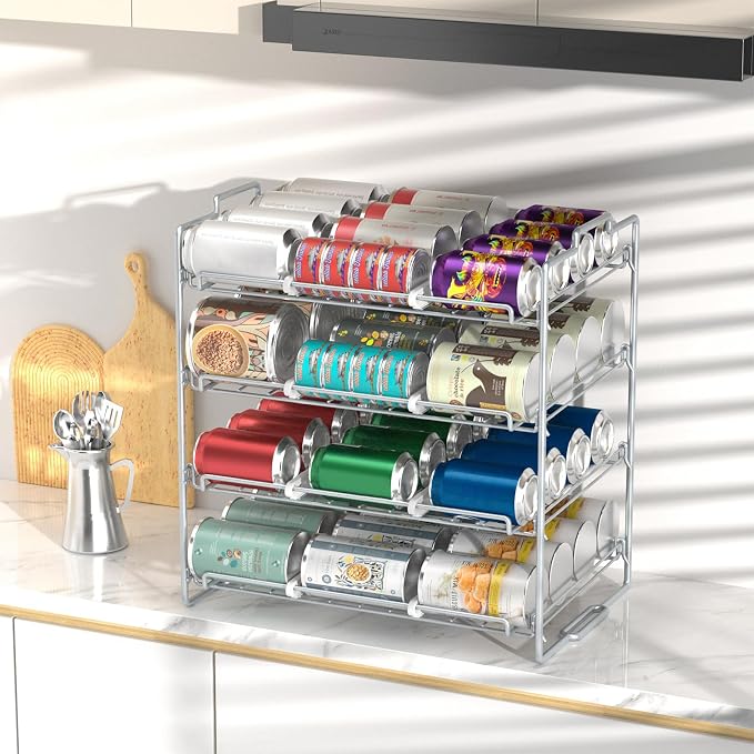 4 Tiers Stackable Can Rack Organizer, Wear-resistant Upgrade Beverage Food Can Dispenser Holder Holds up to 48 Cans for Kitchen Cabinet and Pantry (Silver) - Image 5