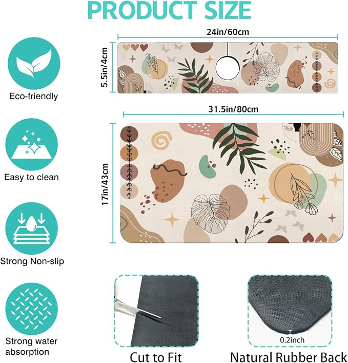 Dish Drying Mat for Kitchen Counter Matt, 2PCS 31.5"x17" Dish Drainer Mat & 24"x5.5" Sink Splash Guard, Super Absorbent Non-slip Rubber Backed - Image 2