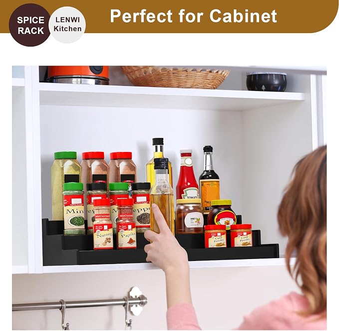 Lenwi Spice Rack Organizer for Cabinet, 3 Tier Expandable Bamboo Spice Storage for Kitchen Cupboard Pantry, Black - Image 6