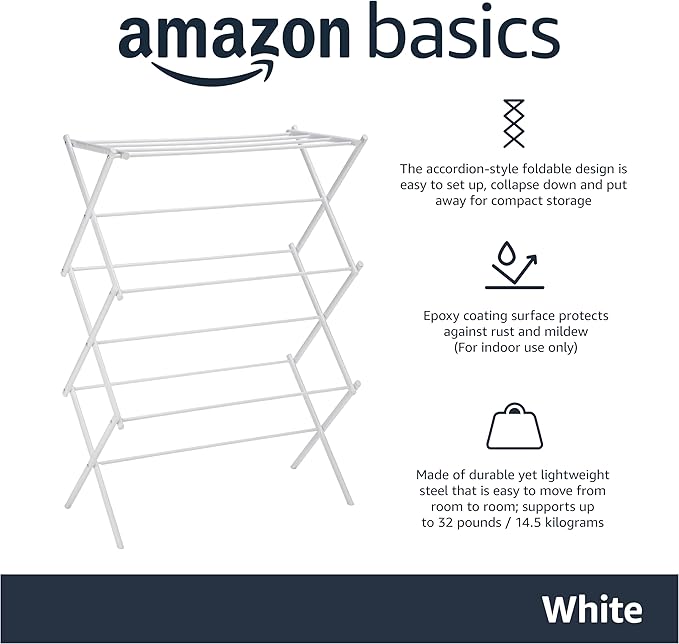 Amazon Basics Foldable Portable Clothes Drying Rack for Indoor Air Drying, Collapsible Design, 14.5" D x 29.5" W x 41.8" H, White - Image 2