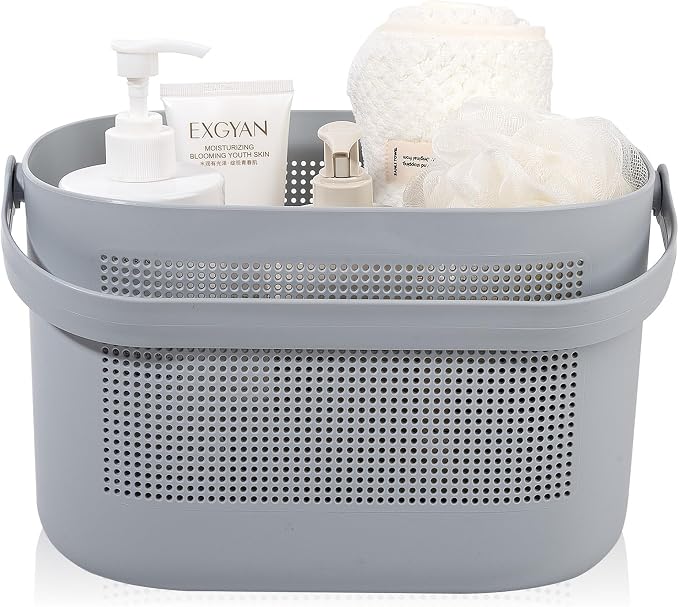 Plastic Portable Shower Caddy Basket, Storage Organizer with Handle, Gray | Bottom Drain Holes, Keep Dry, Sturdy and Durable, Easy to Carry for Bathroom, Kitchen, Dorm Room, RV, College by UUJOLY
