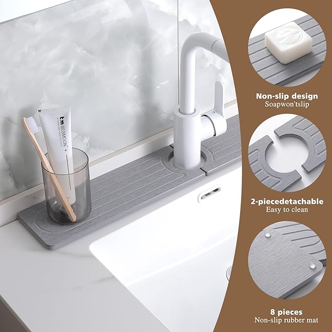 Diatomite Faucet Mat for Kitchen Sink, Quick-Dry Stone-Like Sink Mat, Flat Lay Absorbent Countertop Drying Mat for Faucet Area, Hard Diatomite Mat, Gray, 23.6 x 4 in - Image 3
