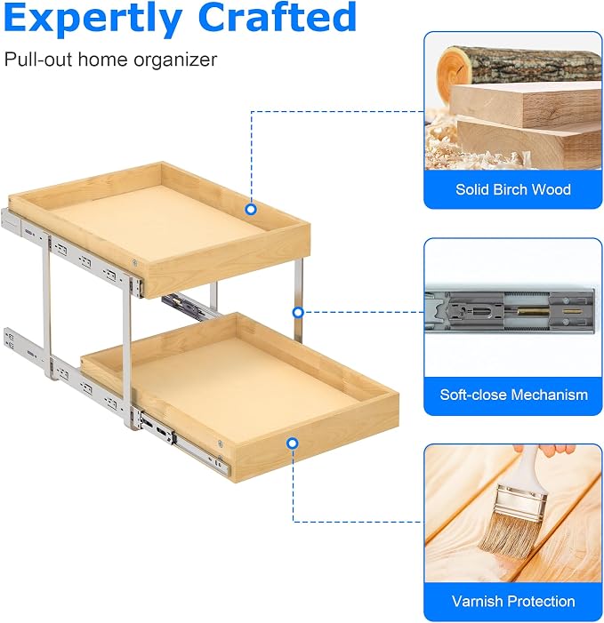 WelFurGeer 2-Tier Pull Out Cabinet Organizer with Soft Close Slides, Heavy-Duty Pull Out Drawers for Cabinets, Slide Out Shelf for Kitchen, Bathroom, Pantry & Under Sink, Solid Birch Wood - Image 4