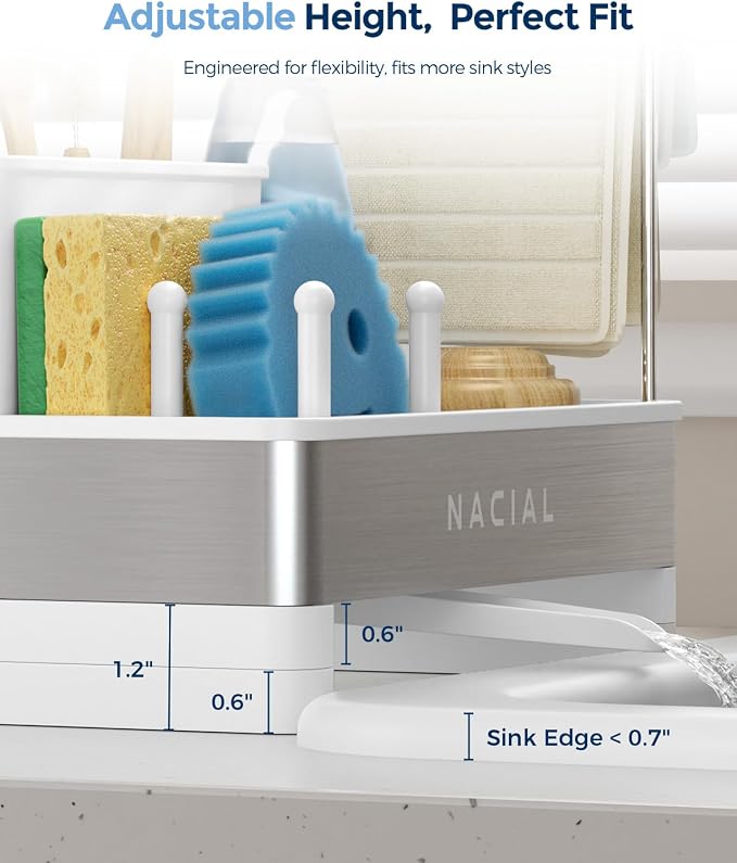 Nacial Kitchen Sink Organizer, Sink Caddy with Sponge & Tall Brush Holder | 304 Stainless Steel Kitchen Countertop Organizer with Double-Bar Towel Holder, Stores Sponge, Brush, Towel & Sink Essentials - Image 4
