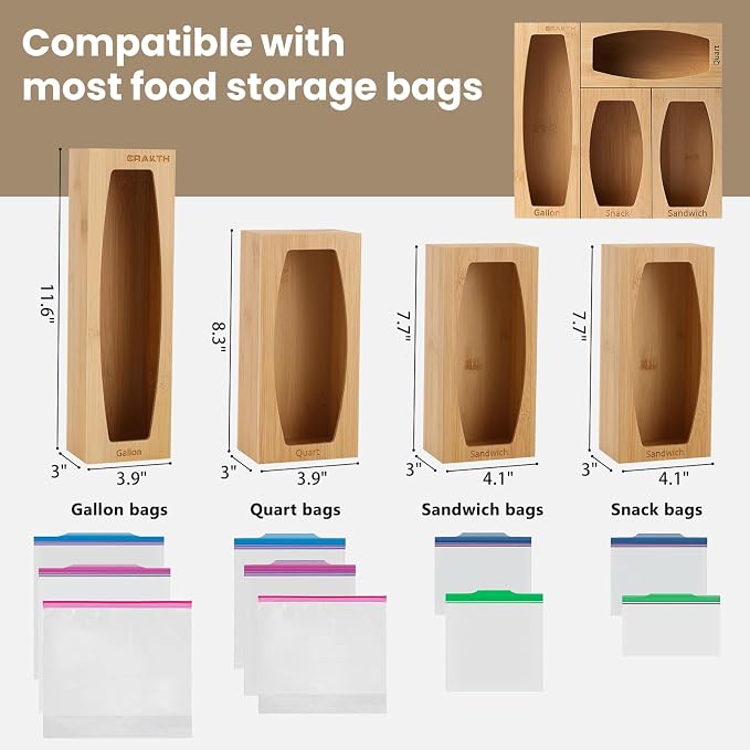 CRAKTH Plastic Bag Storage Organizer for Kitchen Drawer, Bamboo | Space-Saving, Set of 4 Separate, Food Bag Storage Holders, Fits Gallon, Quart, Sandwich, Snack Variety Size Bags - Image 5