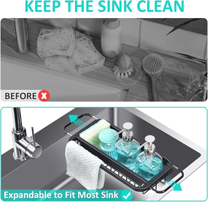 TOOLF Expandable Sink Caddy with Dish Towel Bar, Adjustable Over-The-Sink Organizer for Kitchen, Rustproof Sponge Holder and Drying Rack - Image 4