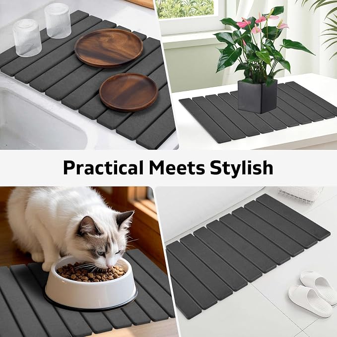 Large Stone Dish Drying Mat for Kitchen Counter, Quick Dry Dish Drying Mats, Foldable Absorbent Diatomaceous Earth Mats for Plate Rack Bottles Cups, Match Any Countertop (Dark Gray 24"×16" & 8"x4") - Image 7