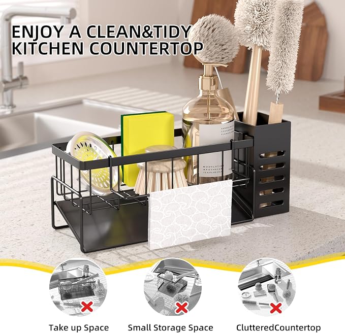 304 Stainless Steel Over Sink Caddy Sponge Soap Organizer Black | Auto sloped drainage with removable tray, 3 divided spaces for sponge & soap, rustproof steel, no installation needed - Image 3