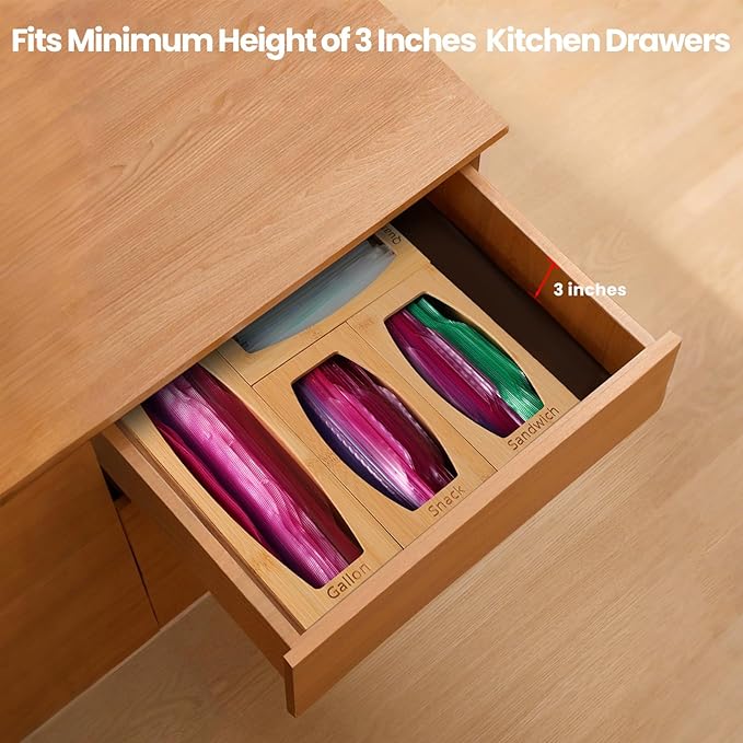 CRAKTH Plastic Bag Storage Organizer for Kitchen Drawer, Bamboo | Space-Saving, Set of 4 Separate, Food Bag Storage Holders, Fits Gallon, Quart, Sandwich, Snack Variety Size Bags - Image 4