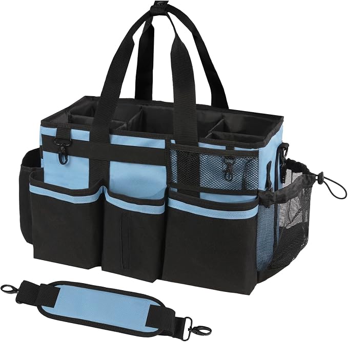 SCAVATA Wearable Cleaning Caddy, Cleaning Caddy Supplies Organizer with Handle & Shoulder Straps for Housekeepers, Under Sink & Car Cleaning Tool Organizers Bag with 4 Foldable Divider (Blue) by Tidyyourlife