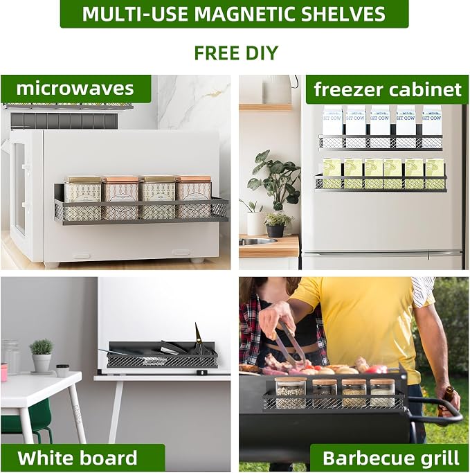 Magnetic Spice Rack for Refrigerator, 5 Pack Magnetic Shelf for Refrigerator, Moveable Fridge Magnetic Spice Racks with 10-Hook Rack for Kitchen Organizers and Storage - Image 3