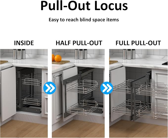 HANKEY Blind Corner Cabinet Pull Out Organizer Magic Corner Kitchen Cabinet Pull Outs shelves Storage 2 Tier Left & Right Compatible Min Opening 15in Soft Close, Heavy Duty Metal - Image 6