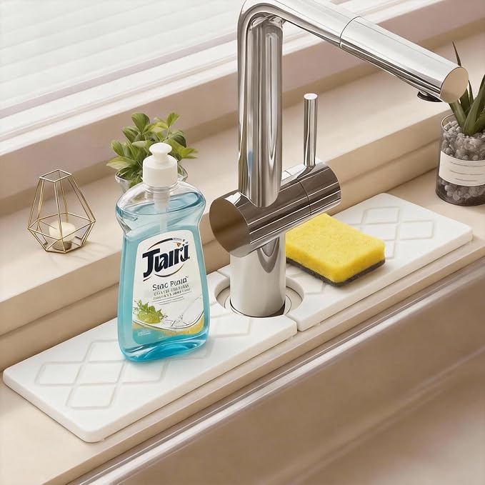 Kitchen Sink Mat, Stone Faucet Mat for Kitchen Sink with Raised Feet, Water Absorbing Stone Tray for Sink, Faucet Splash Guard, Kitchen Accessories, Matte white, 15.8" x 4" by NSVNSV