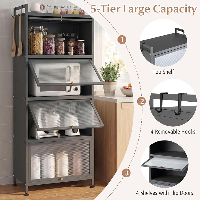 GIANTEX 5-Tier Kitchen Storage Cabinet, 4 PC Doors, Rolling Wheels, Grey | Mobile Metal Pantry Cabinet with 4 Hooks & Adjustable Feet, 60" Baker's Rack Microwave Stand for Dining & Living Room - Image 5