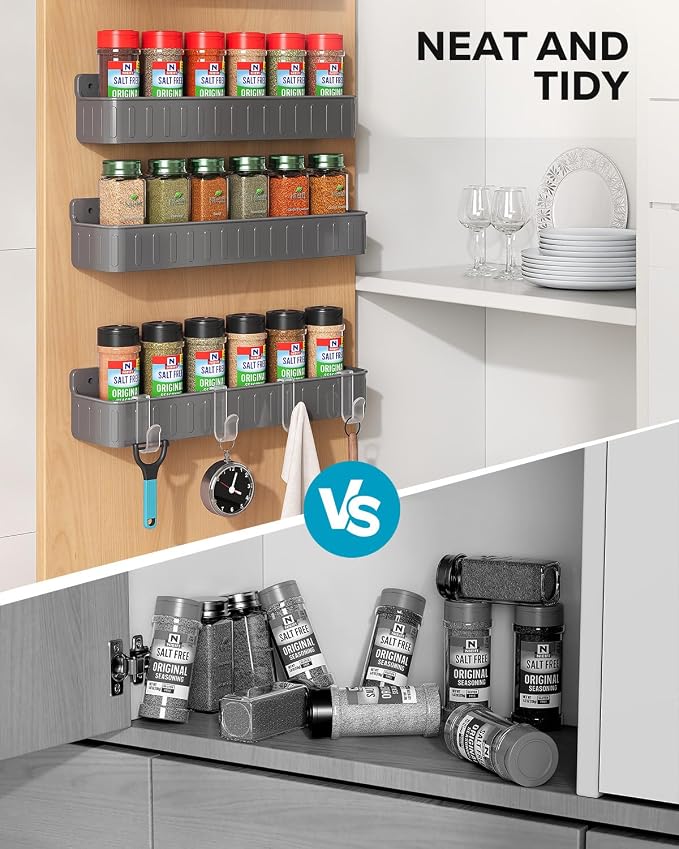 Nieifi Spice Rack Wall Mount, 4 Pack Grey, 2" Depth, Screw/Adhesive | Wall-Mounted with Removable Hooks Saves Counter Space, Fits 2" Deep Jars, Ideal for Kitchen Cabinets, Pantry Doors, and RVs - Image 5