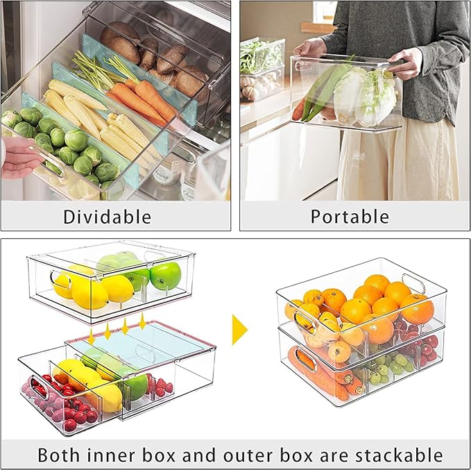 Set of 3 Stackable Refrigerator Organizer Bins Pull-Out Drawers for Fruit and Veggies Divided Storage Organizer for Fridge Clear Drawer Containers with Handle for Produce Saver, Eggs, Snack - Image 4