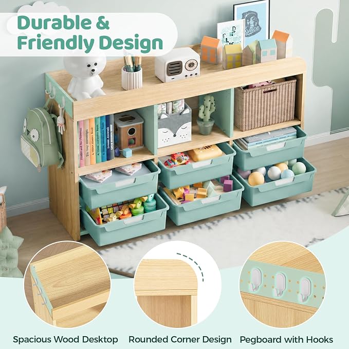 Toy Storage Organizer with 6 White Bins - Wooden Playroom Storage Cabinet for Toys, Books & Art Supplies, Green - Image 4