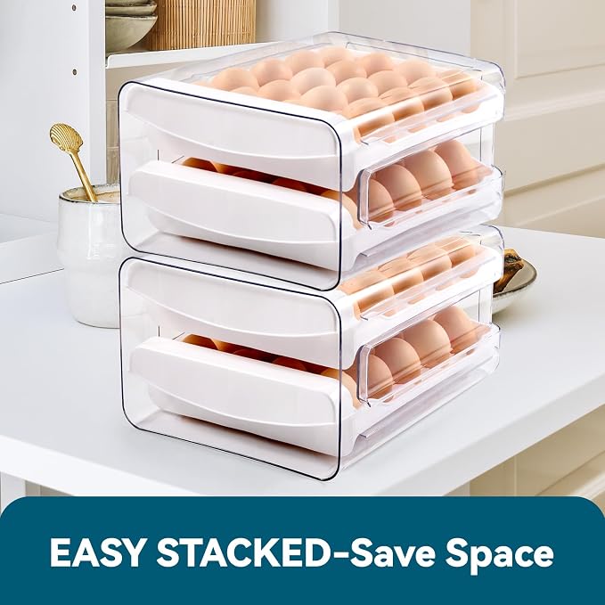 Luckore 2 Tier Egg Holder for Fridge Container for 40 Eggs with Drawer | Clear Stackable Egg Organizer Holder Tray for Fridge, Storage Container with Handles for Refrigerator, Countertop - Image 7