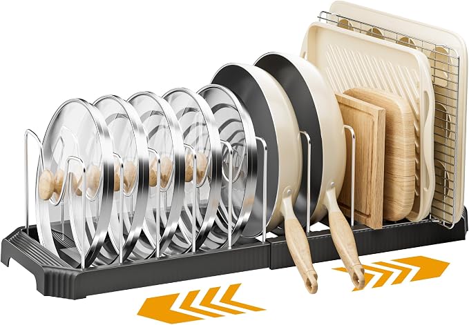 MUDEELA Pots and Pans Organizer under Cabinet, Pan Pot Organizer Inside Cabinet, Expandable 12.9''-21.88'' Pot Lid Organizer Holder with 12 Adjustable Dividers for Cutting Boards, Pan Lid Rack, Black by MUDEELA