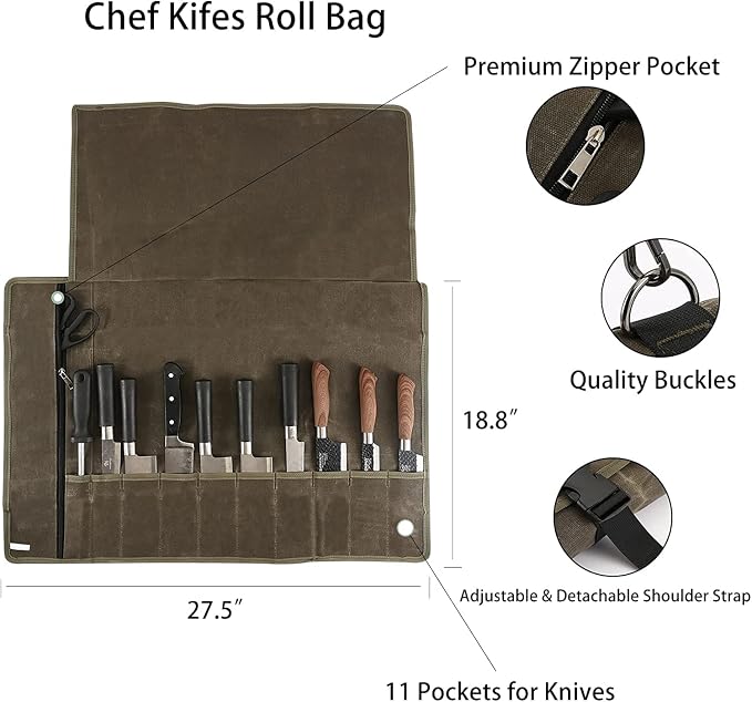 Chef’s Knife Roll Bag,Waxed Canvas Knife Cultery Carrier, Portable Chef Knife Cases,Knife Pouch Holders With 10 Slots Plus 1 Zipper Pockets Can Hold Home Kitchen Knife Tools Up To 18.8” - Image 2