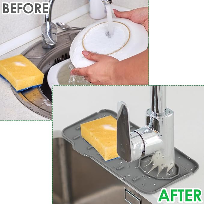 Silicone Sink Faucet Splash Guard Mat, Soap Dish Pad, Drip Catch Sponge Holder, Sink Protector Tray for Kitchen and Bathroom Countertops, 8.3 x 5.7 Inch - Image 5
