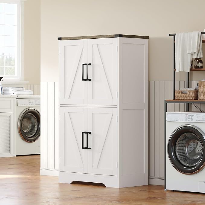 Treocho Farmhouse Bathroom Floor Cabinet with Adjustable Shelves | 11.81"D x 23.62"W x 43.46"H, Freestanding Kitchen Pantry Cabinet, Cupboard for Living Room, Dining Room, White by Treocho