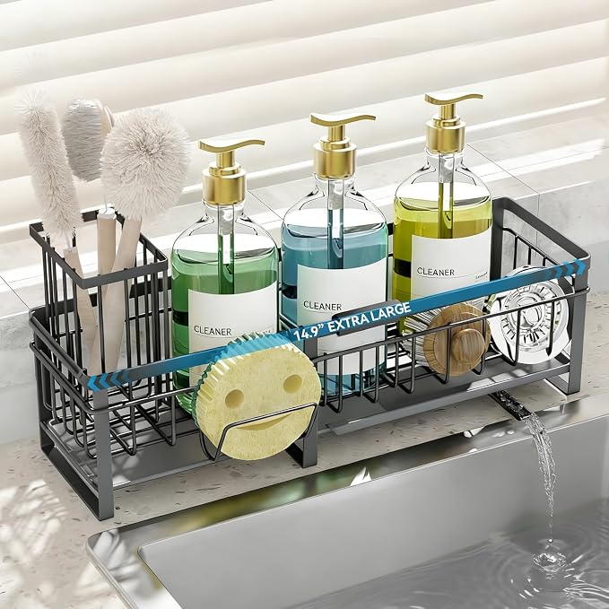 Extra Large Extendable Sponge Holder for Kitchen Sink Caddy Organizer | Rustproof Sink Caddy Organizer with High Brush Holder, Dish Soap Dispenser Organizers and Storage (Black) by Aurblozen