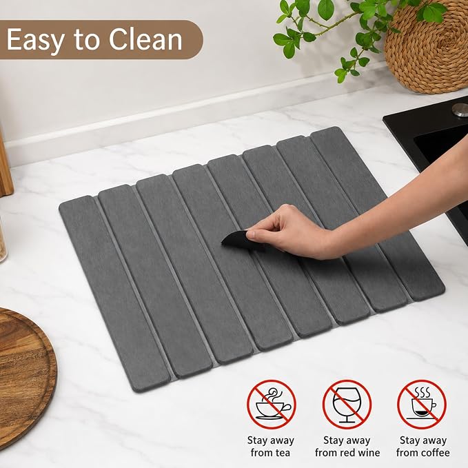 Stone Dish Drying Mat for Kitchen Counter, Thin & Light Quick Dry Stone Dishes Mat, Foldable Water Absorbing Diatomite Drying Pad for Kitchen Bathroom Sink Countertop (Pure Gray 19.7"x13.7" & 8"x4") - Image 6