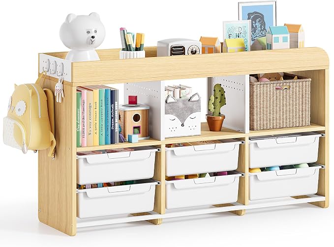 Classroom Storage Organizer with 6 Bins, 3 Shelves and Pegboard, White | 6 pull-out bins, 3 open cubbies, child-height access, easy-clean storage for Kid room,playrooms, classrooms and craft rooms by APEXCHASER