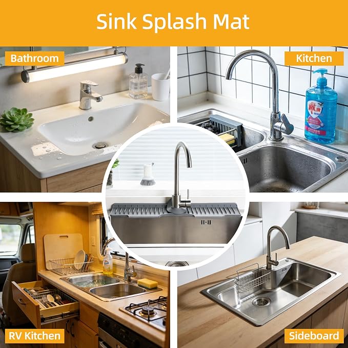 24" Silicone Sink Mat for Kitchen(Released in 2026), 2 PCS Grey | 8° Slope for Quick Self-draining, Sink Splash Guard Behind the Faucet, Narrow Water Splash Guard, for Kitchen&Bathroom Area - Image 8