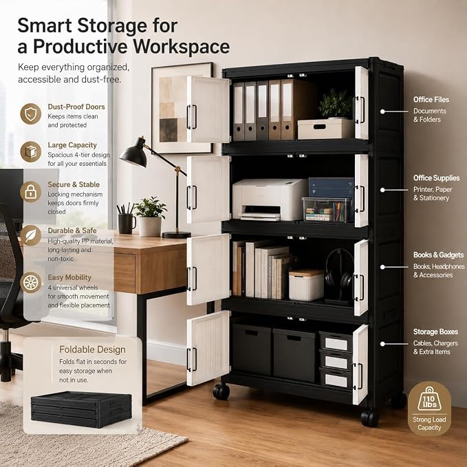 5 Tier Foldable Storage Cabinet with Top Lid, Tall Mobile PP Storage Organizer with Magnetic Doors and Wheels, Space-Saving Collapsible Organizer for Bedroom Living Room Kitchen Pantry Bathroom - Image 8