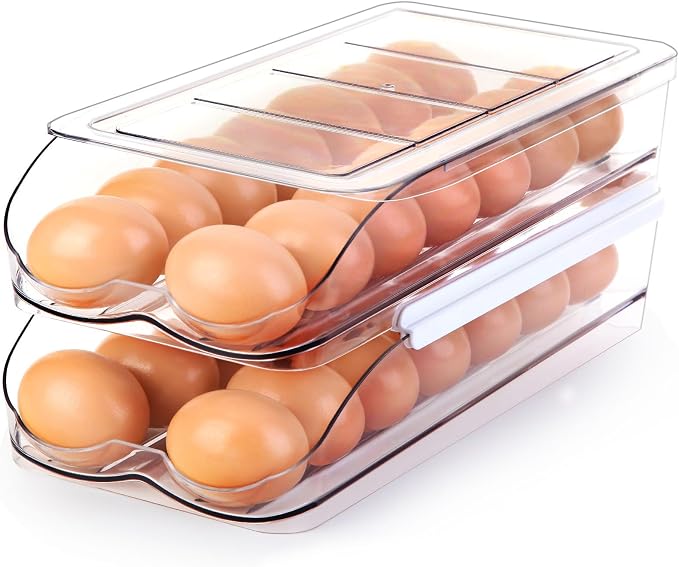 RoskDeewat Egg Holder for Fridge, Automatic Rolling Egg Container -2 Tier | Stackable Fridge Organizers and Storage with Lid, Sturdy Clear Plastic Egg Dispenser & Tray for Refrigerator by RoskDeewat