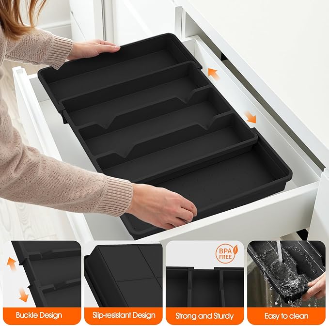 Large Expandable Silverware Drawer Organizer, Utensil Tray | Kitchen Drawer Organizer for Spoons/Forks/Knives, Multipurpose & BPA Free Cutlery Tray(2 Pack, Black) - Image 5