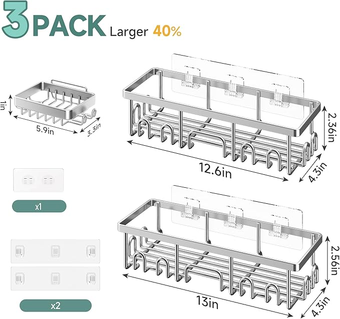 Veken Shower Caddy 3-Pack, Advanced Rustproof Design, No Drilling Adhesive Shelves, Rack with Soap Holder, Large Capacity Bathroom Organizers and Storage, Wall-Mounted Kitchen & Home Decor - Image 4