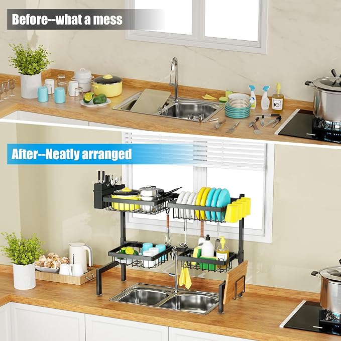 SNSLXH 4 Baskets 2-Tier Over The Sink Dish Drying Rack, 26.57"-35" | Large Dish Drying Rack for Kitchen, Extensible and Adjustable, Saving Kitchen Space - Image 5