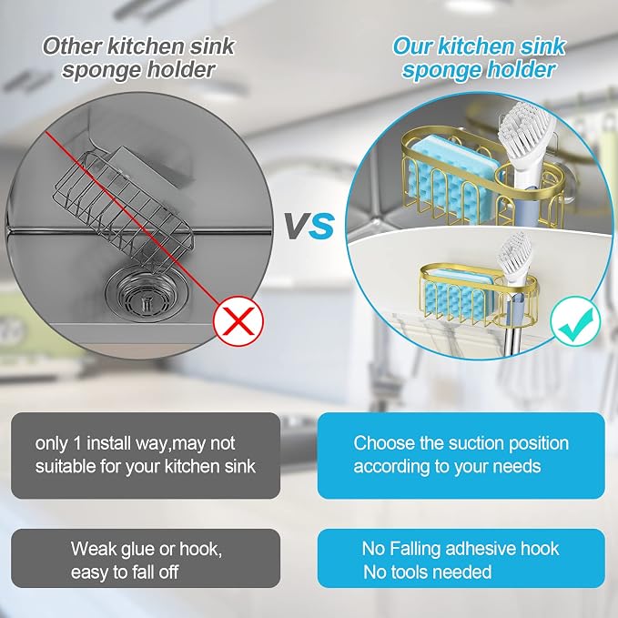 2-in-1 Sponge Holder for Kitchen Sink, Sink Caddy Kitchen Sink Organizer with 3 Suction Cups, No Drill Rustproof Sink Sponge Holder for Dish Brush, Soap & Sponge (Gold) - Image 3