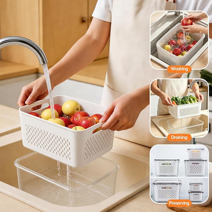 Fruit Storage Containers for Fridge, 3 Pack Plastic Food Storage Container | Produce Storage with Removable Colander, Refrigerator Organizers Keep Fruits Berry Veggie Salad Fresh Longer, Dishwasher Safe - Image 3