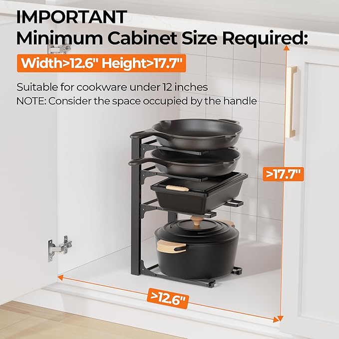 MUDEELA Pot and Pan Organizer Under Cabinet 15.75", 4-Tier Pot Rack, 2 Pack | Adjustable Tier, Tool-Free Assembly, Max 88 Lbs, Fits Cast Iron Pans, Skillets & Heavy Shallow Cookware, For Kitchen Cabinets - Image 2
